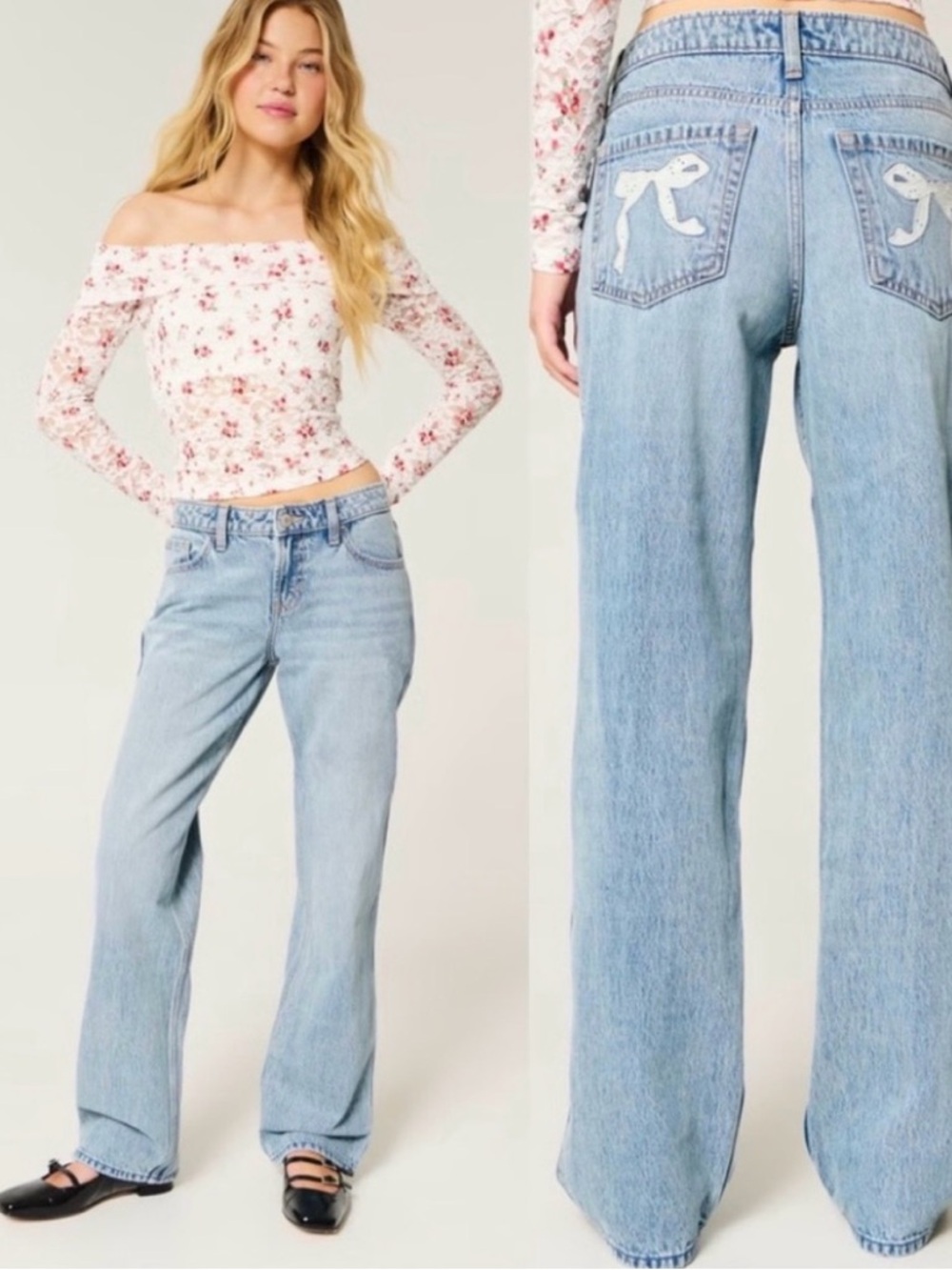 NWT Hollister Low-Rise Medium Wash Eyelet Bow Loose Jeans